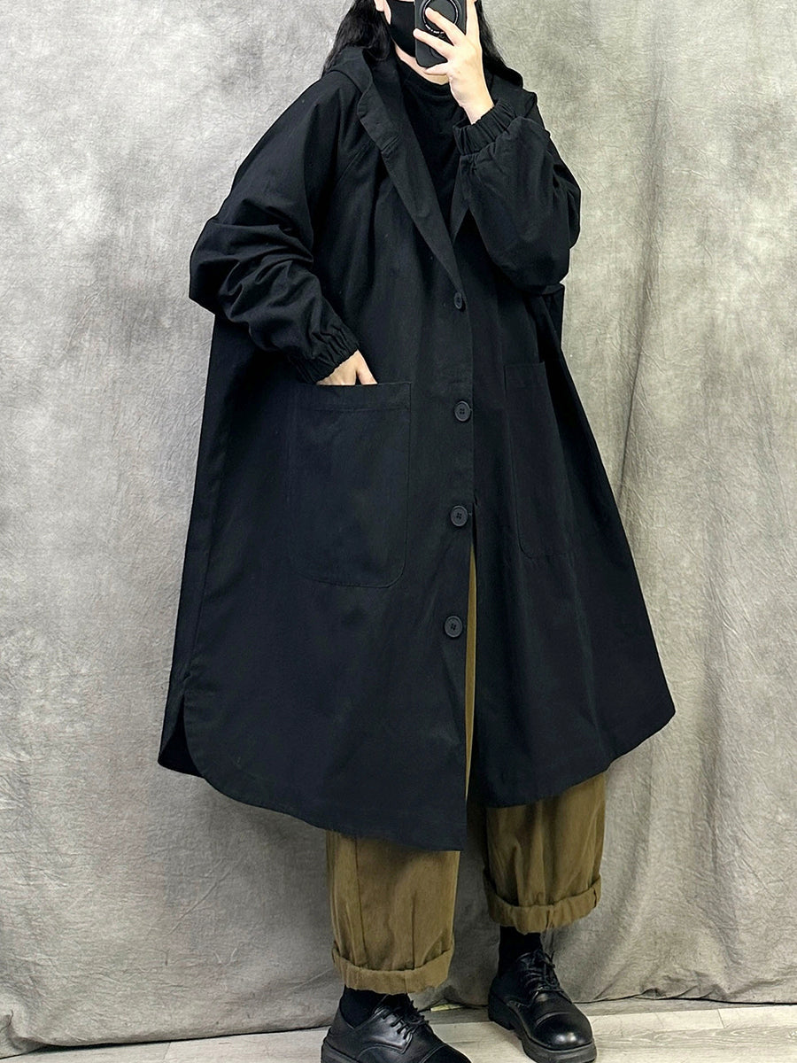 Plus Size Women Autumn Pure Color Long Cotton Hooded Coat