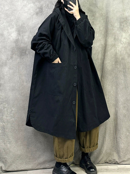Plus Size Women Autumn Pure Color Long Cotton Hooded Coat