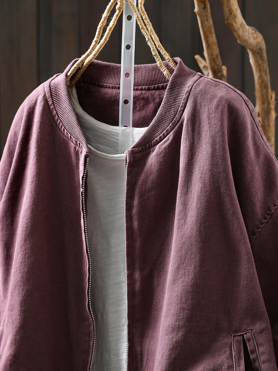 Women Autumn Pure Color 100%Cotton O-Neck Jacket