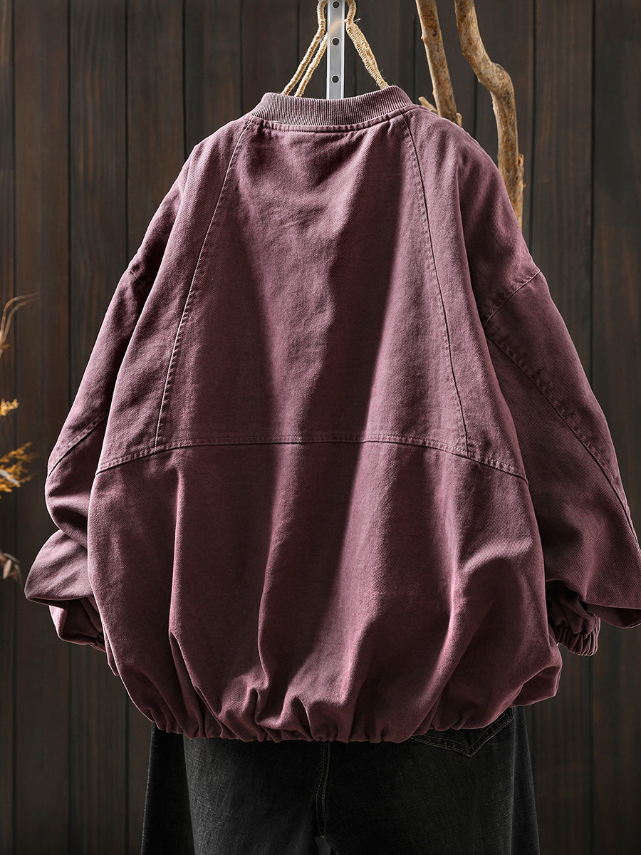 Women Autumn Pure Color 100%Cotton O-Neck Jacket