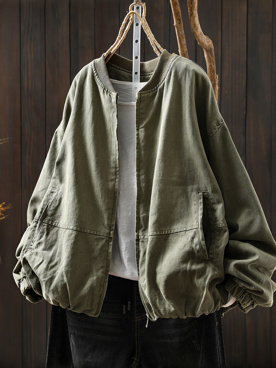 Women Autumn Pure Color 100%Cotton O-Neck Jacket