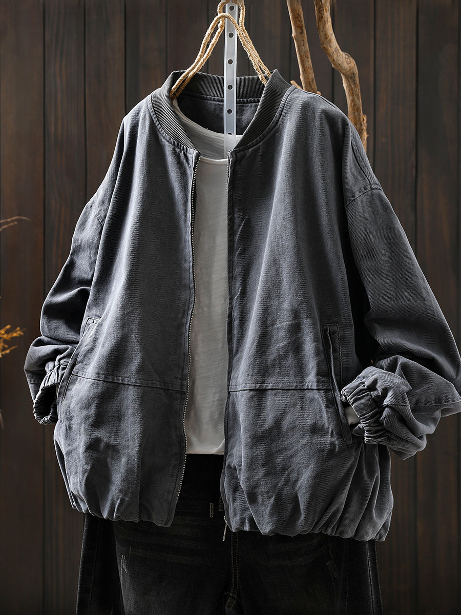 Women Autumn Pure Color 100%Cotton O-Neck Jacket