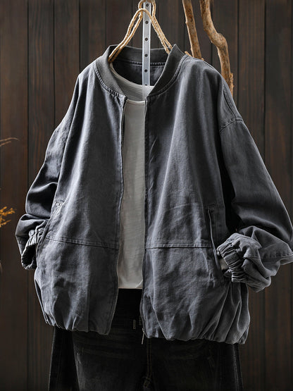 Women Autumn Pure Color 100%Cotton O-Neck Jacket