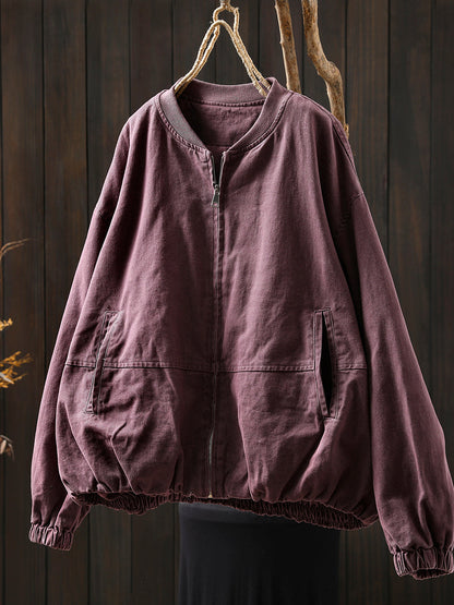 Women Autumn Pure Color 100%Cotton O-Neck Jacket