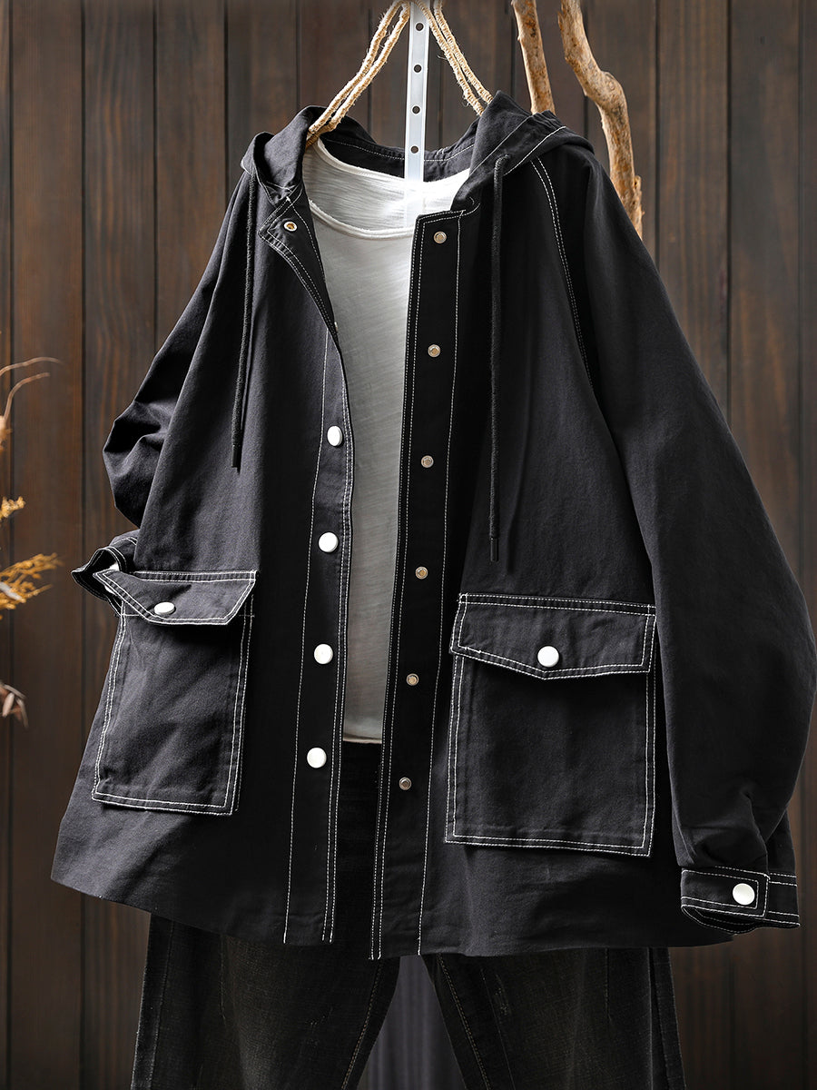 Women Autumn Casual Spliced Windproof Hooded Jacket