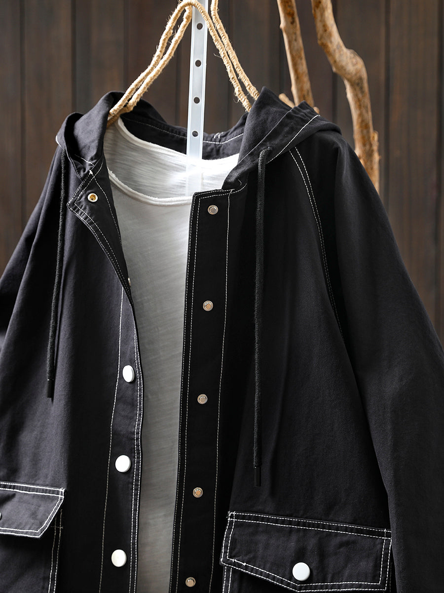 Women Autumn Casual Spliced Windproof Hooded Jacket