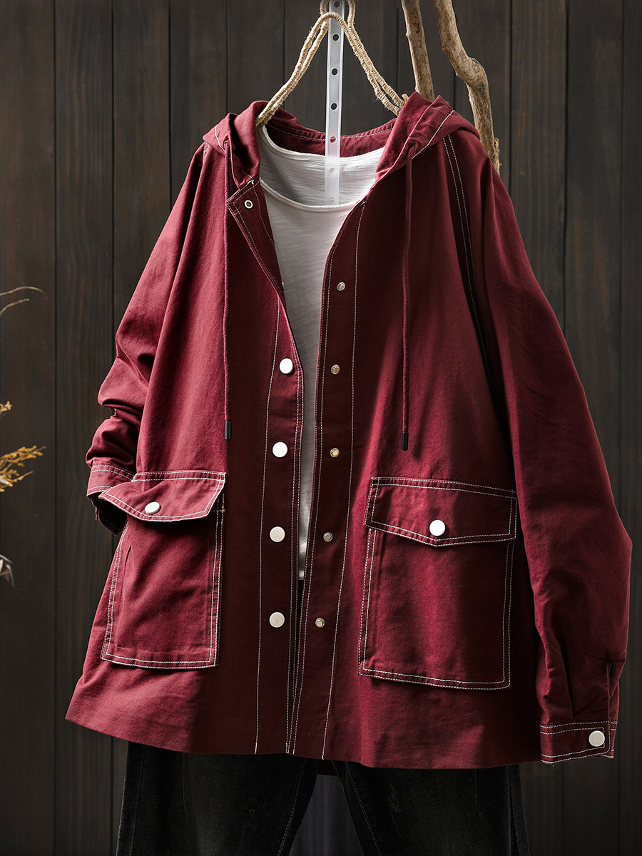 Women Autumn Casual Spliced Windproof Hooded Jacket