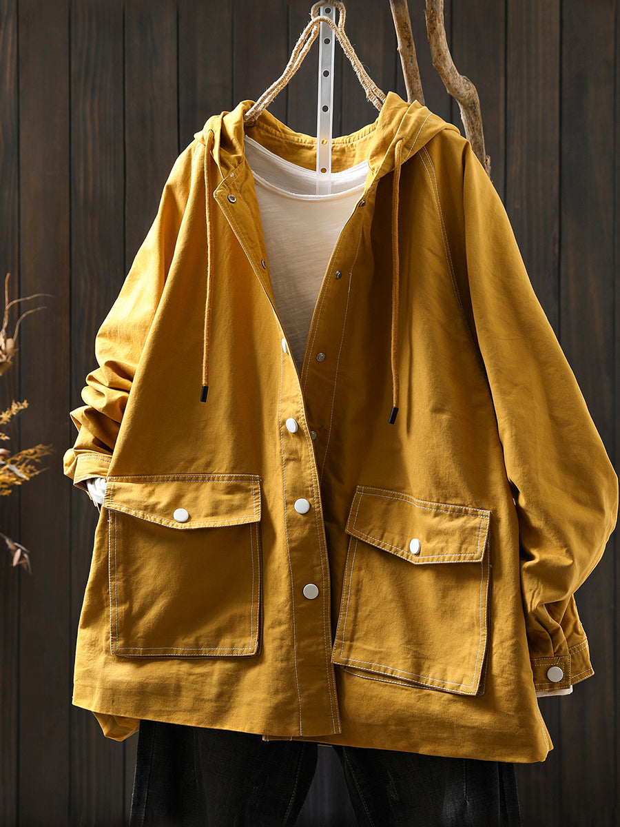 Women Autumn Casual Spliced Windproof Hooded Jacket