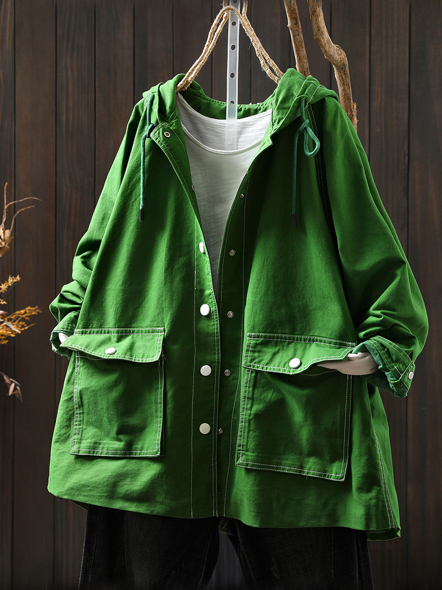 Women Autumn Casual Spliced Windproof Hooded Jacket