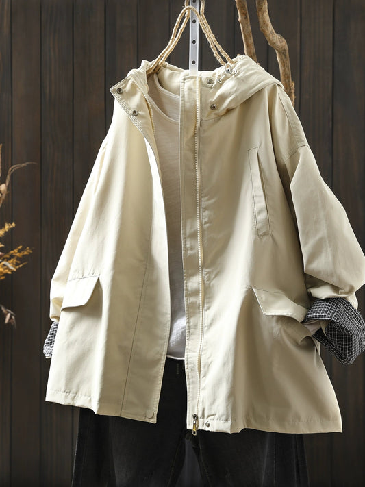 Women Autumn Casual Pure Color Windproof Hooded Jacket