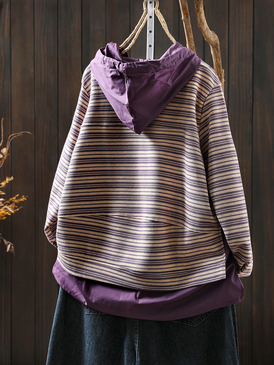 Women Autumn Casual Stripe 100%Cotton Hoodie