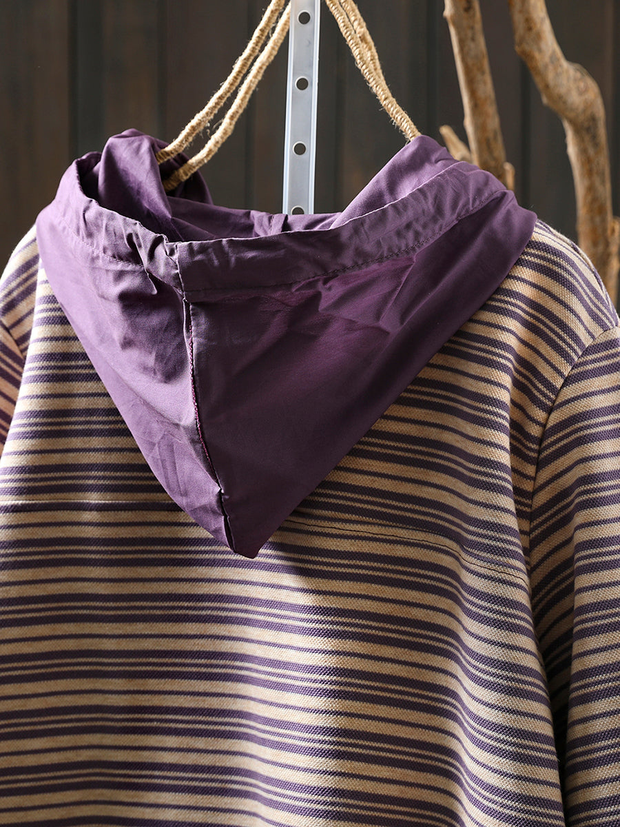 Women Autumn Casual Stripe 100%Cotton Hoodie