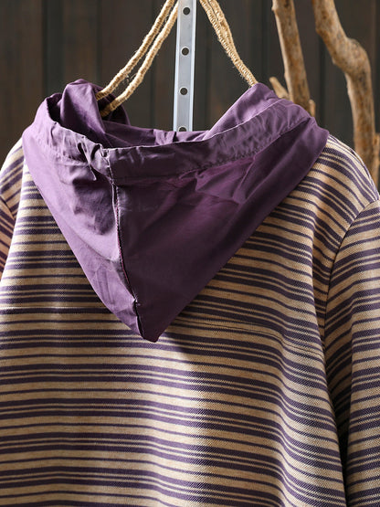 Women Autumn Casual Stripe 100%Cotton Hoodie