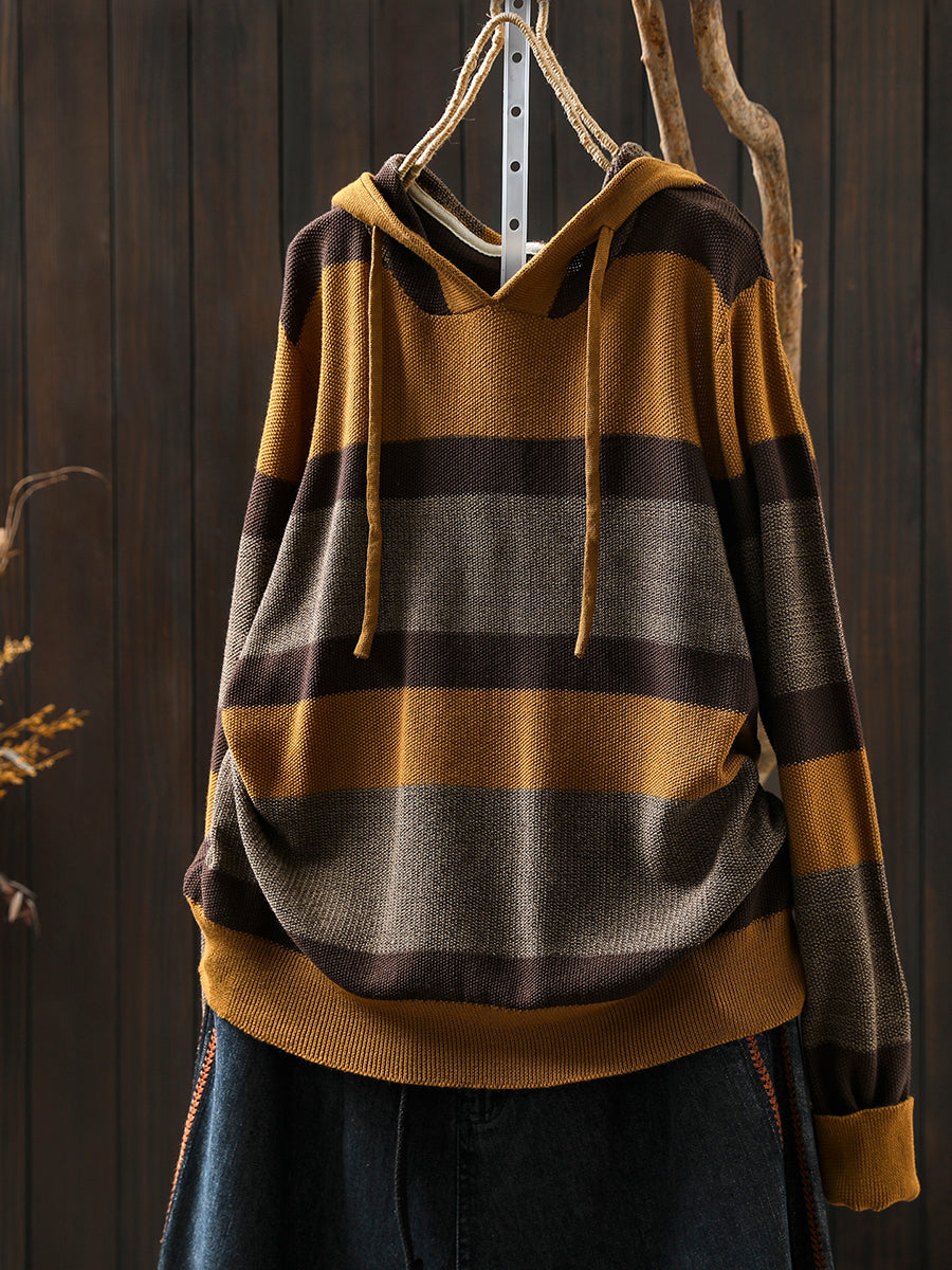 Women Autumn Casual Colorblock Stripe Knitted Hoodie
