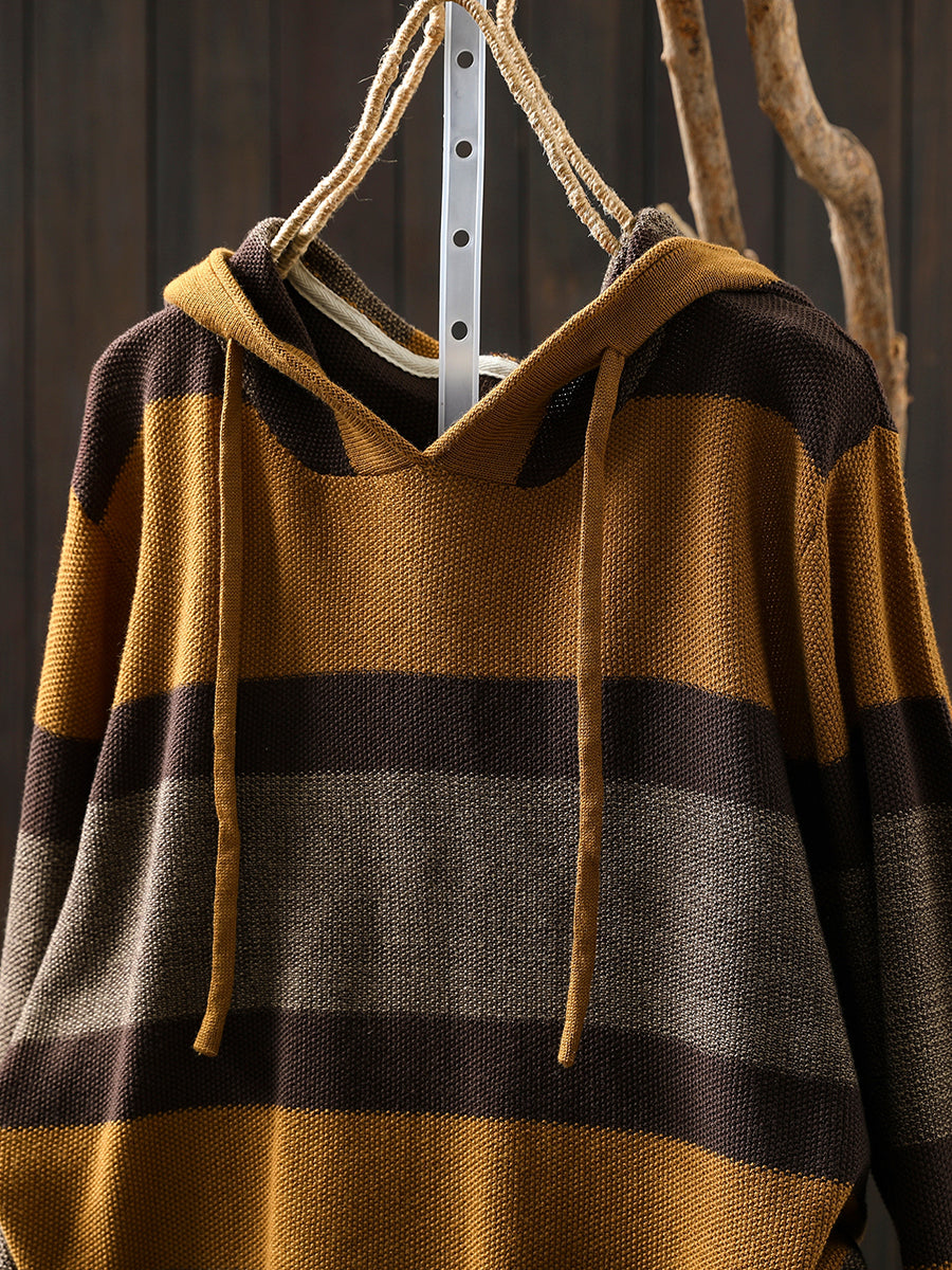 Women Autumn Casual Colorblock Stripe Knitted Hoodie