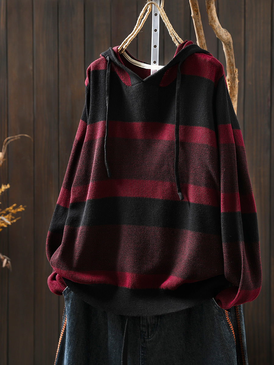 Women Autumn Casual Colorblock Stripe Knitted Hoodie
