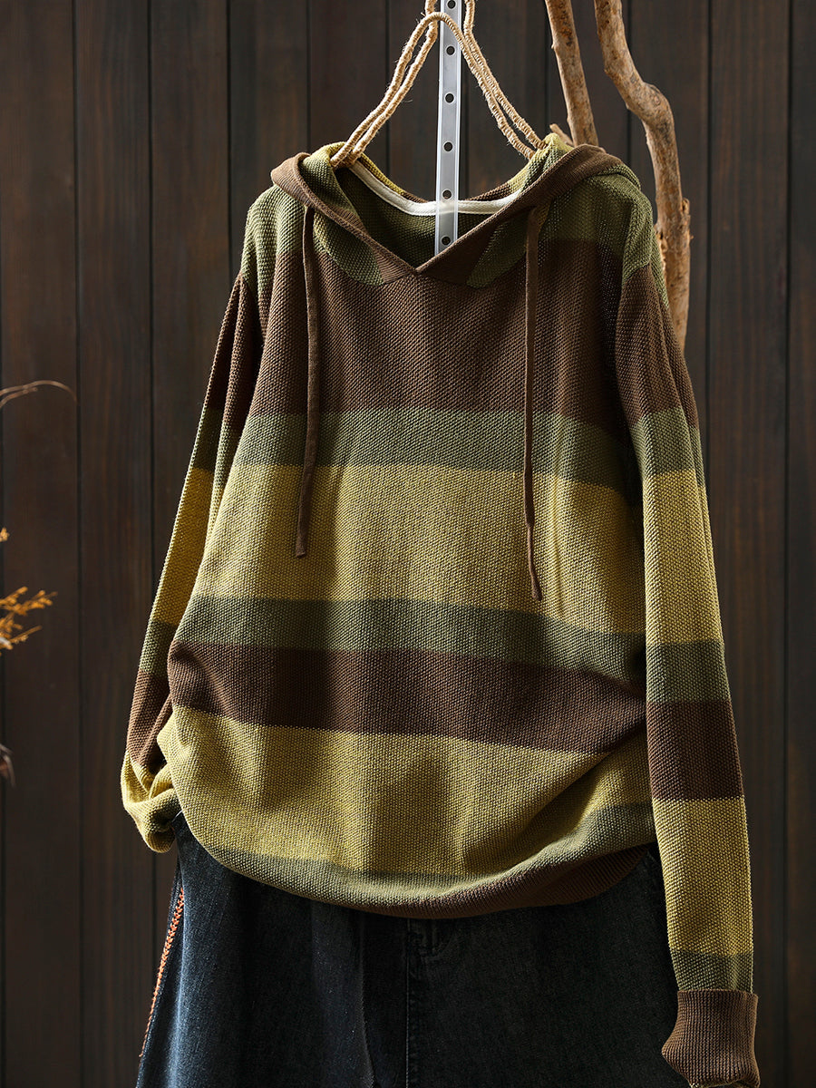 Women Autumn Casual Colorblock Stripe Knitted Hoodie