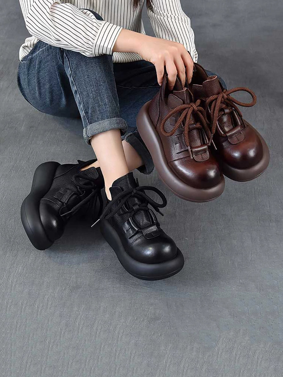 Women Vintage Genuine Leather Platform Lace-up Shoes