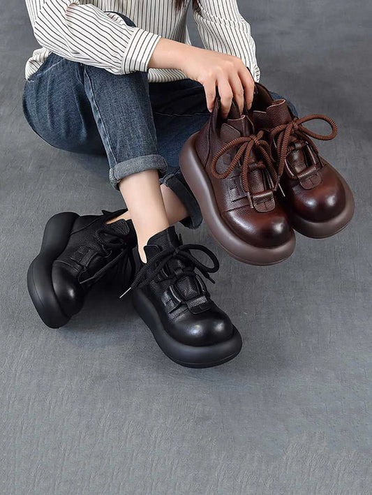Women Vintage Genuine Leather Platform Lace-up Shoes