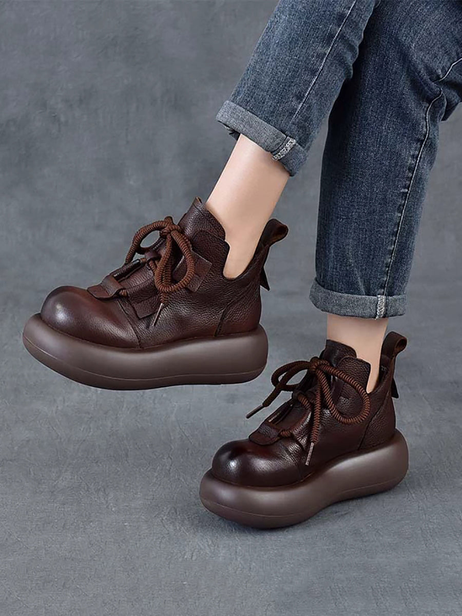 Women Vintage Genuine Leather Platform Lace-up Shoes