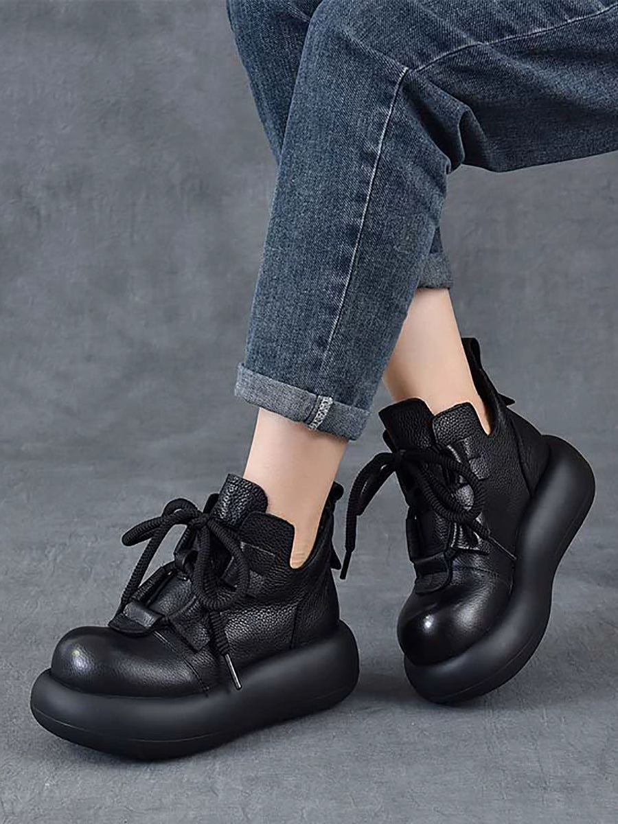 Women Vintage Genuine Leather Platform Lace-up Shoes