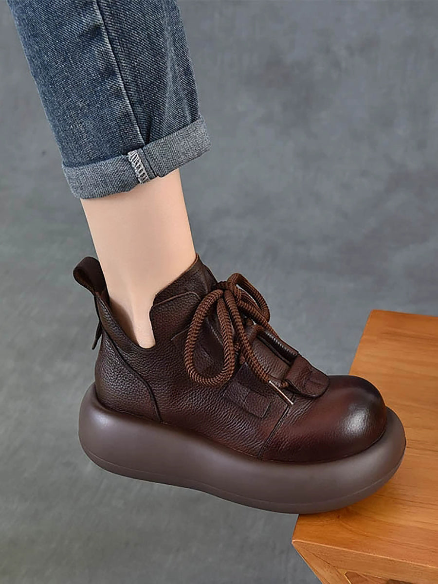Women Vintage Genuine Leather Platform Lace-up Shoes