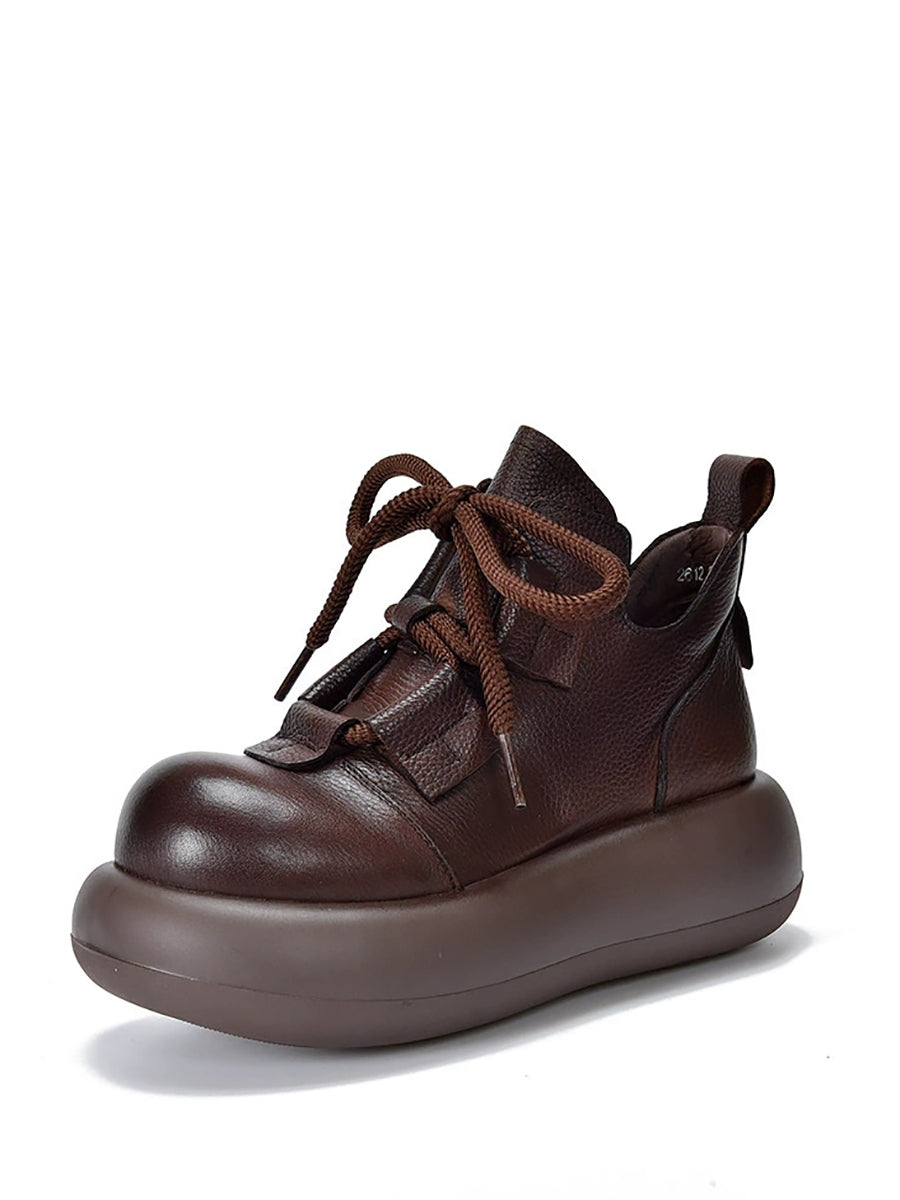 Women Vintage Genuine Leather Platform Lace-up Shoes