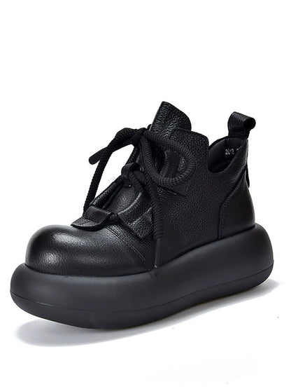 Women Vintage Genuine Leather Platform Lace-up Shoes