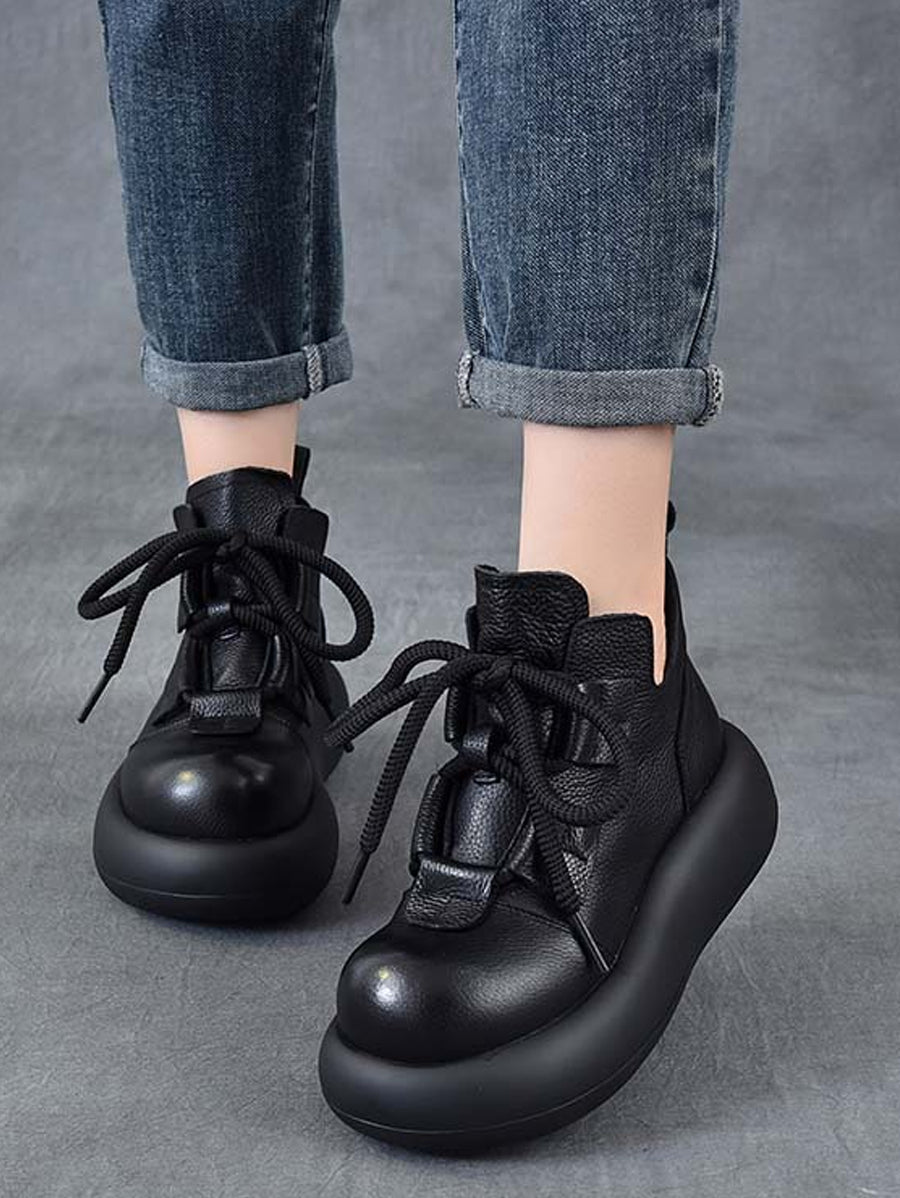 Women Vintage Genuine Leather Platform Lace-up Shoes