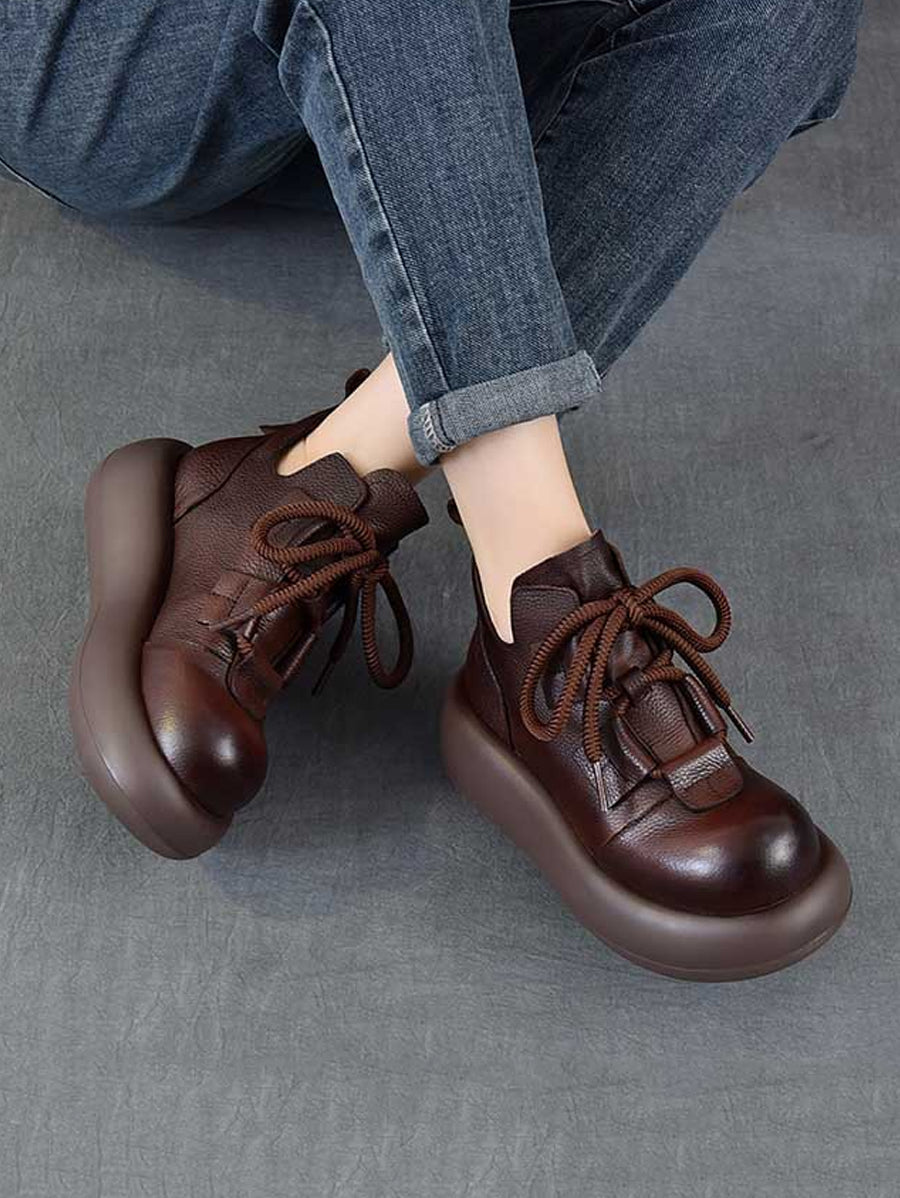 Women Vintage Genuine Leather Platform Lace-up Shoes