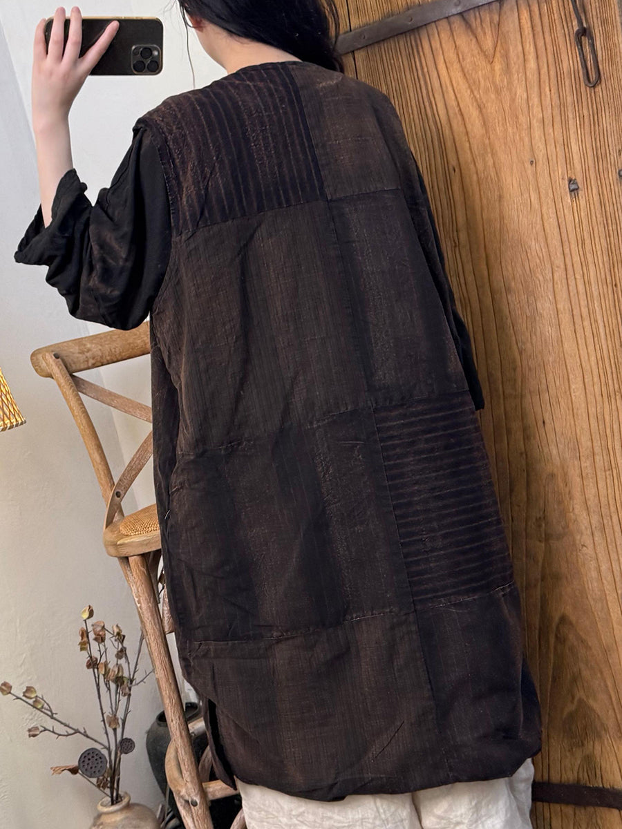 Women Autumn Retro Stripe Split V-Neck Long Vest