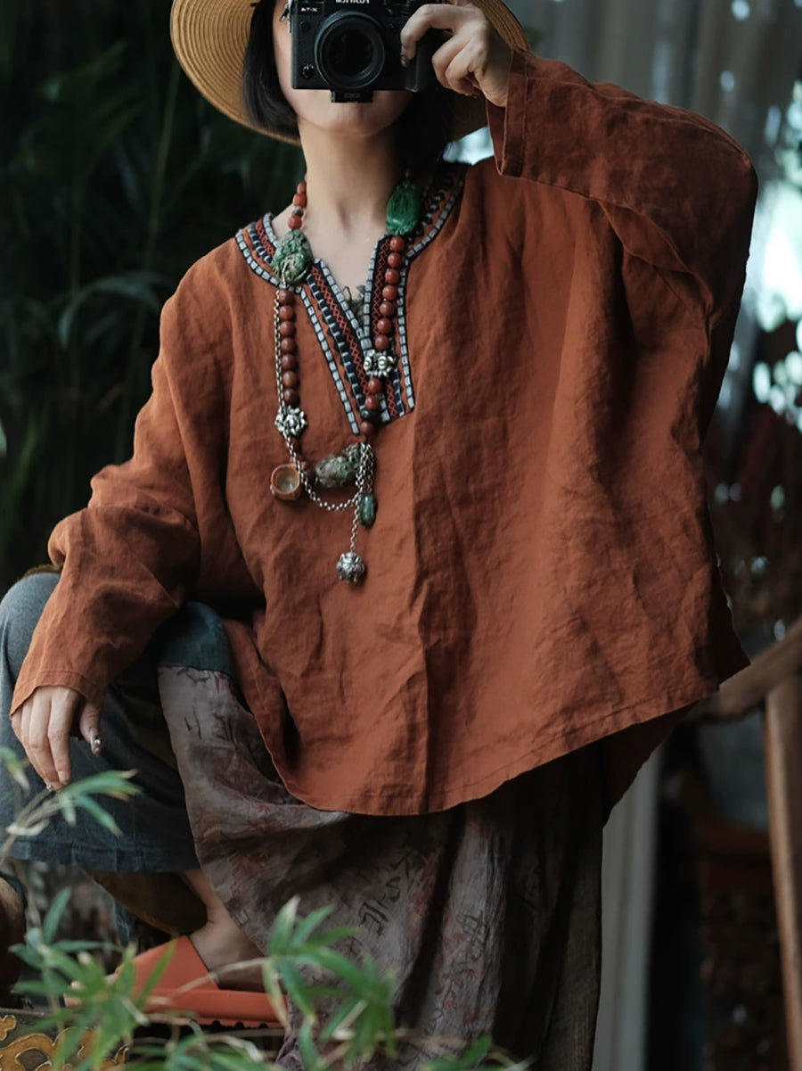 Women Autumn Retro Embroidery V-Neck Linen Shirt
