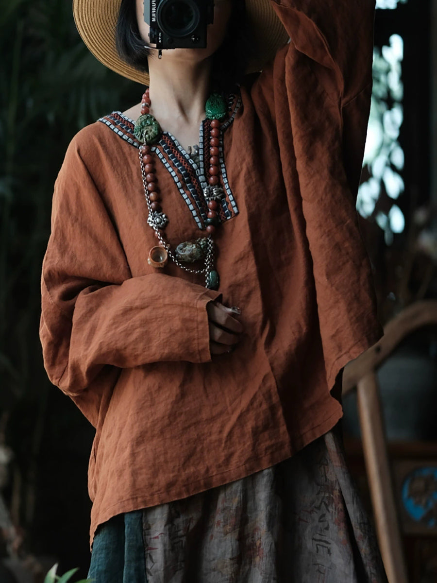 Women Autumn Retro Embroidery V-Neck Linen Shirt