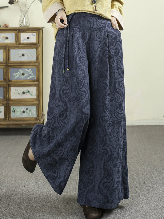 Women Autumn Retro Pure Color Jacquard Wide-leg Pants