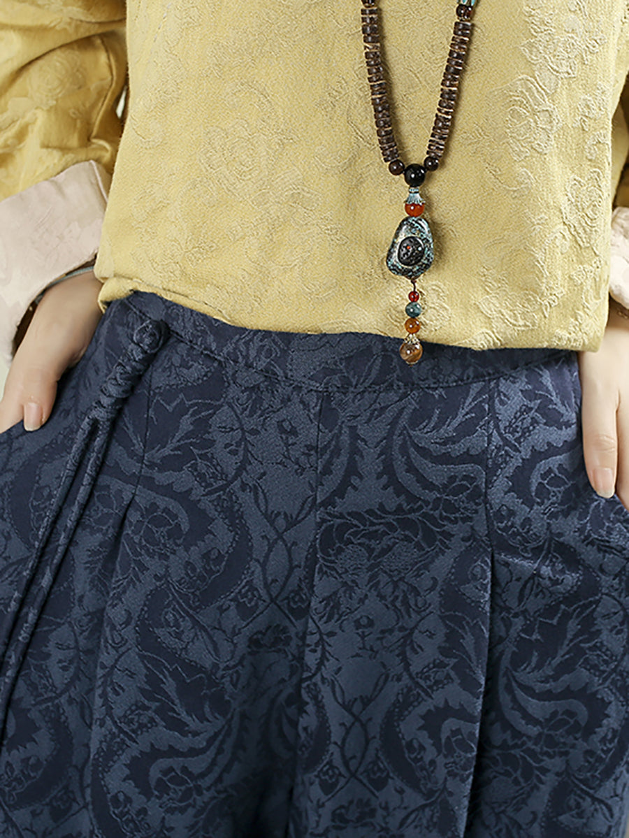 Women Autumn Retro Pure Color Jacquard Wide-leg Pants