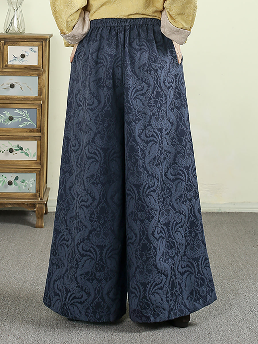 Women Autumn Retro Pure Color Jacquard Wide-leg Pants