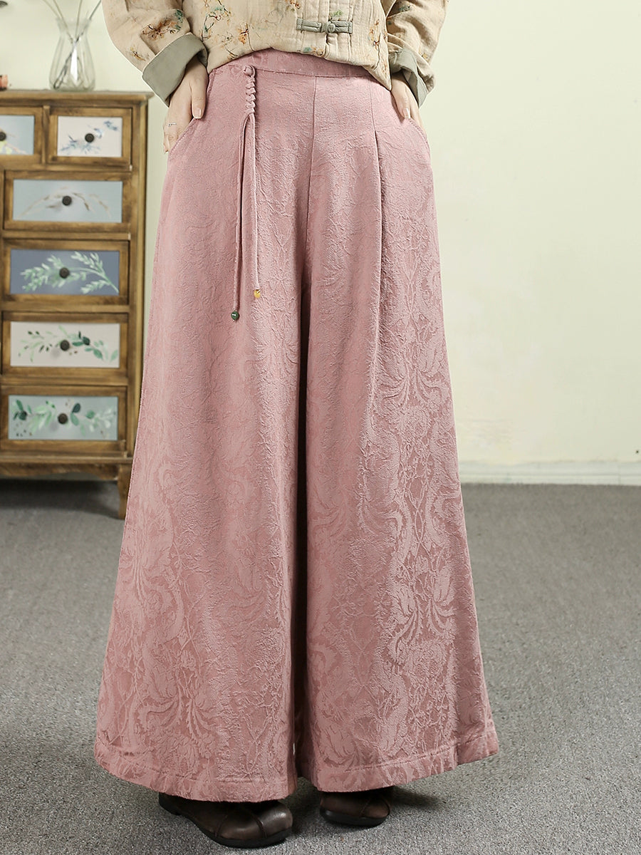 Women Autumn Retro Pure Color Jacquard Wide-leg Pants