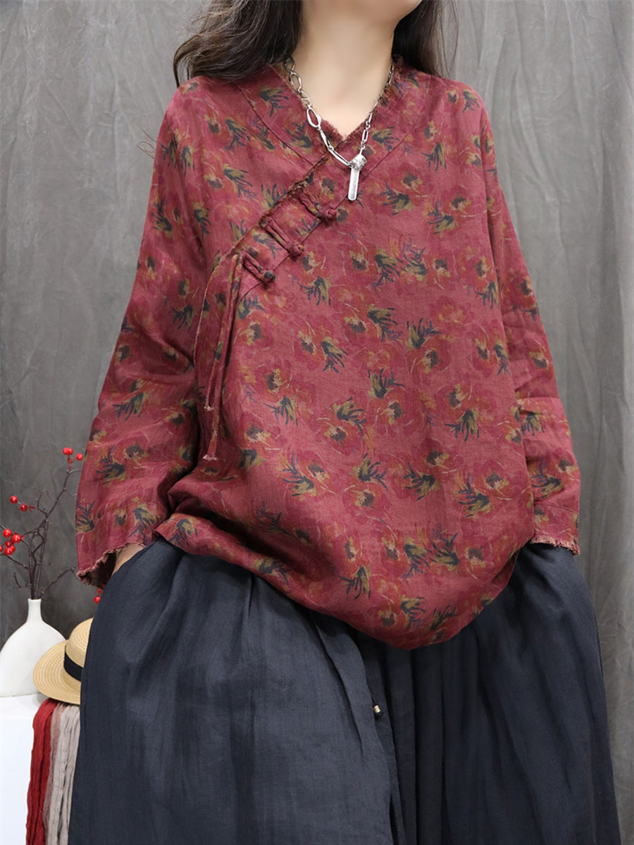Women Autumn Retro Flower 100%Linen V-Neck Shirt