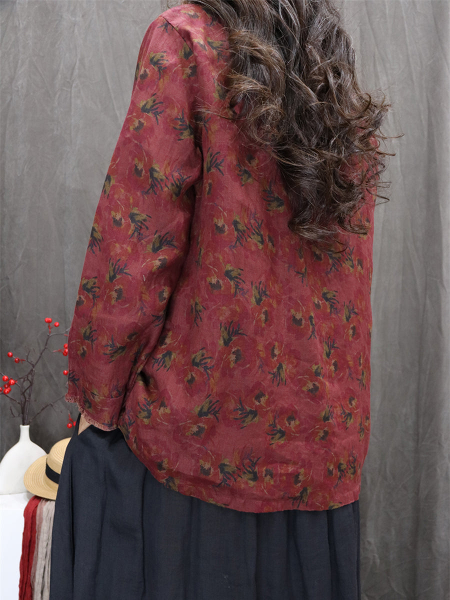 Women Autumn Retro Flower 100%Linen V-Neck Shirt
