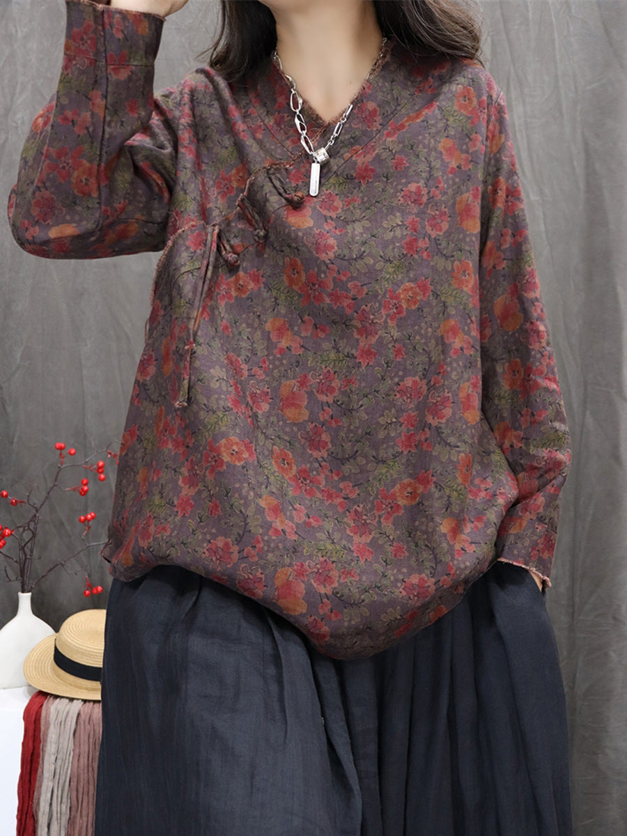 Women Autumn Retro Flower 100%Linen V-Neck Shirt