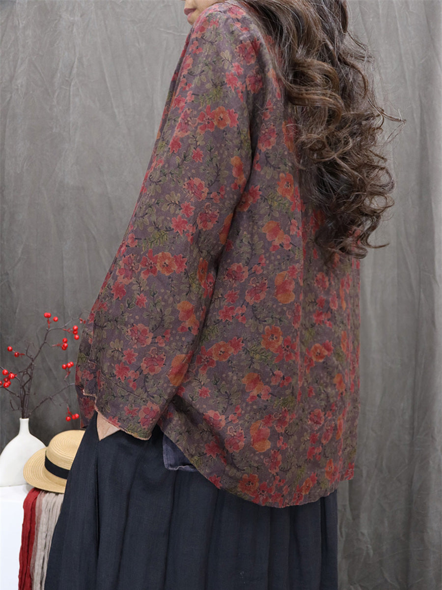 Women Autumn Retro Flower 100%Linen V-Neck Shirt