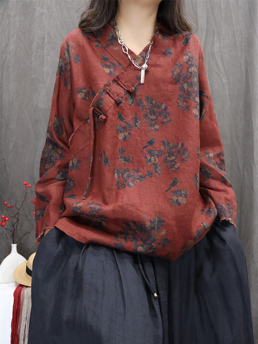 Women Autumn Retro Flower 100%Linen V-Neck Shirt