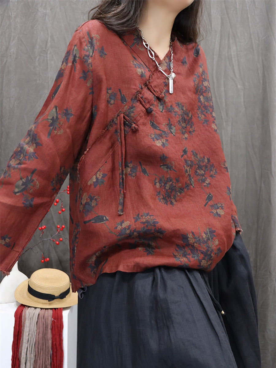 Women Autumn Retro Flower 100%Linen V-Neck Shirt
