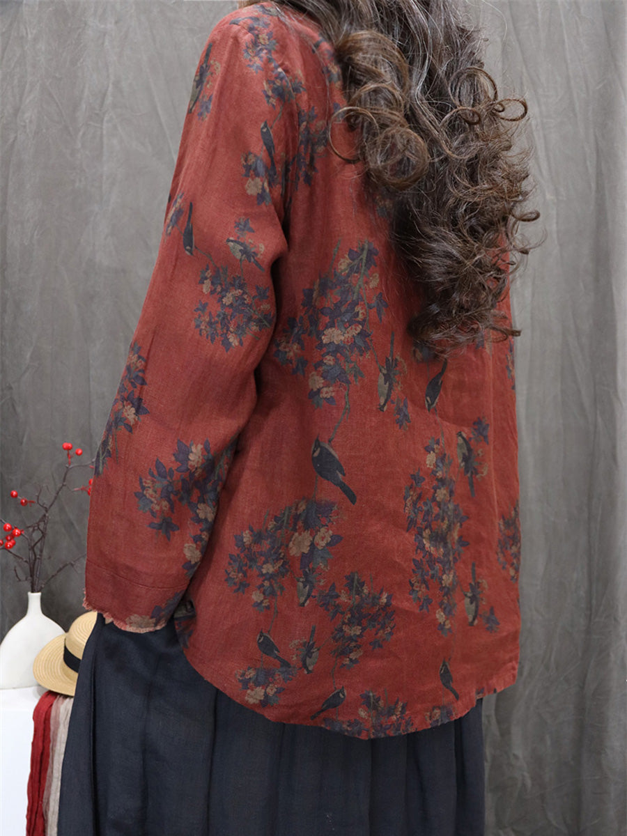 Women Autumn Retro Flower 100%Linen V-Neck Shirt