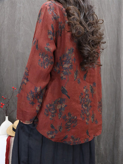Women Autumn Retro Flower 100%Linen V-Neck Shirt