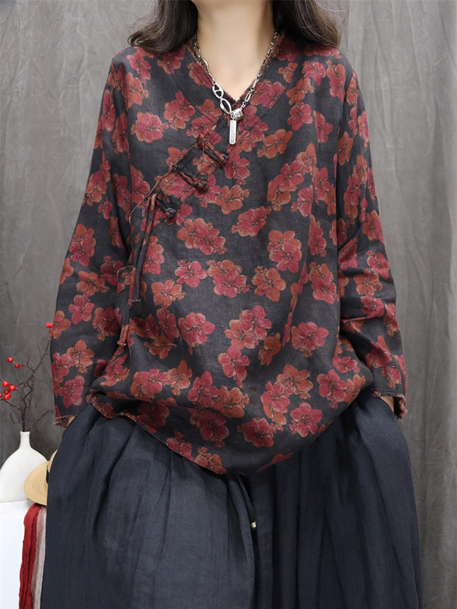 Women Autumn Retro Flower 100%Linen V-Neck Shirt