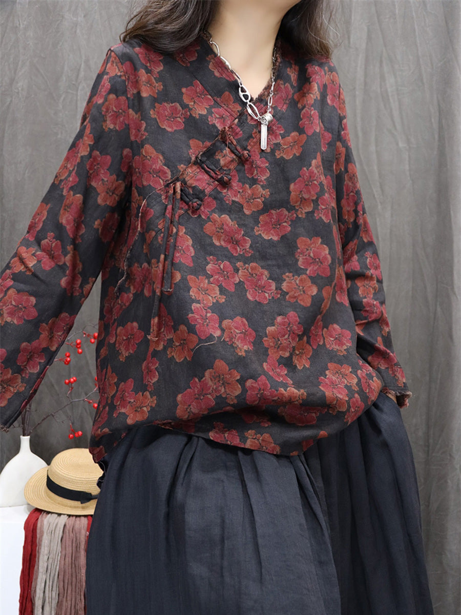 Women Autumn Retro Flower 100%Linen V-Neck Shirt