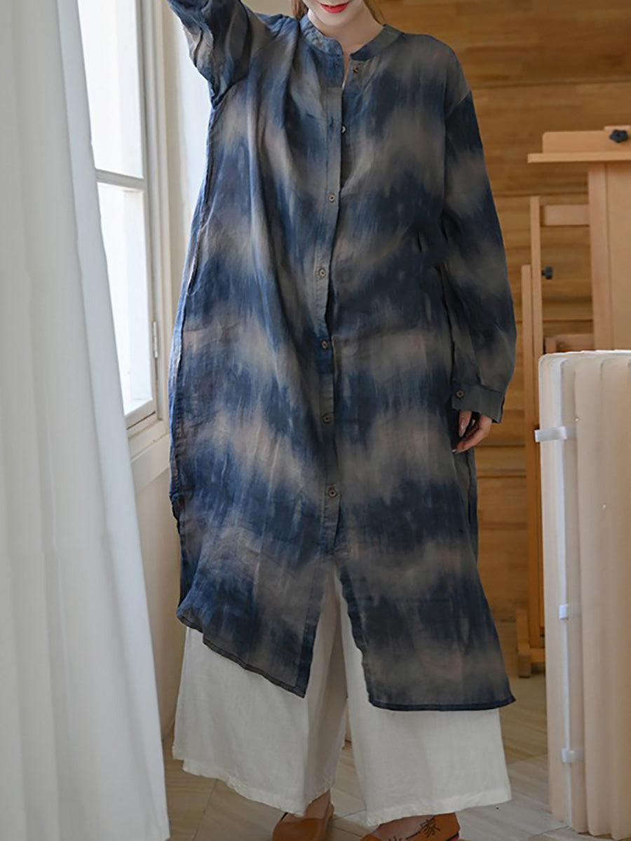 Women Vintage Tie-dye Stand Collar 100%Ramie Long Shirt