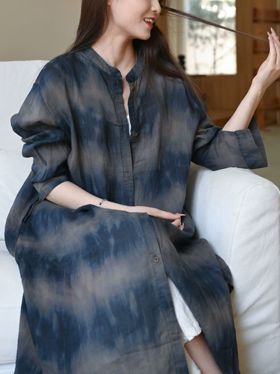 Women Vintage Tie-dye Stand Collar 100%Ramie Long Shirt