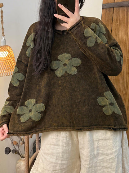 Women Autumn Retro Flower O-Neck Sweater
